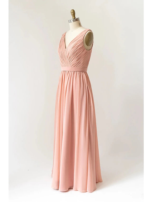 Luolandi A-Line Bridesmaid Dress V Neck Sleeveless Open Back Floor Length Chiffon with Pleats Pure Color